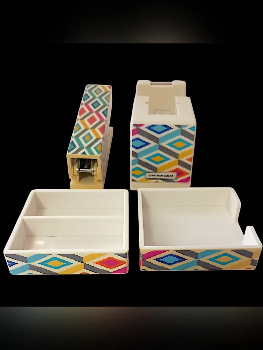 Vintage Jonathan Adler Desk Set Organizer Tape Dispenser Stapler Memo Tray 4‎ Pc